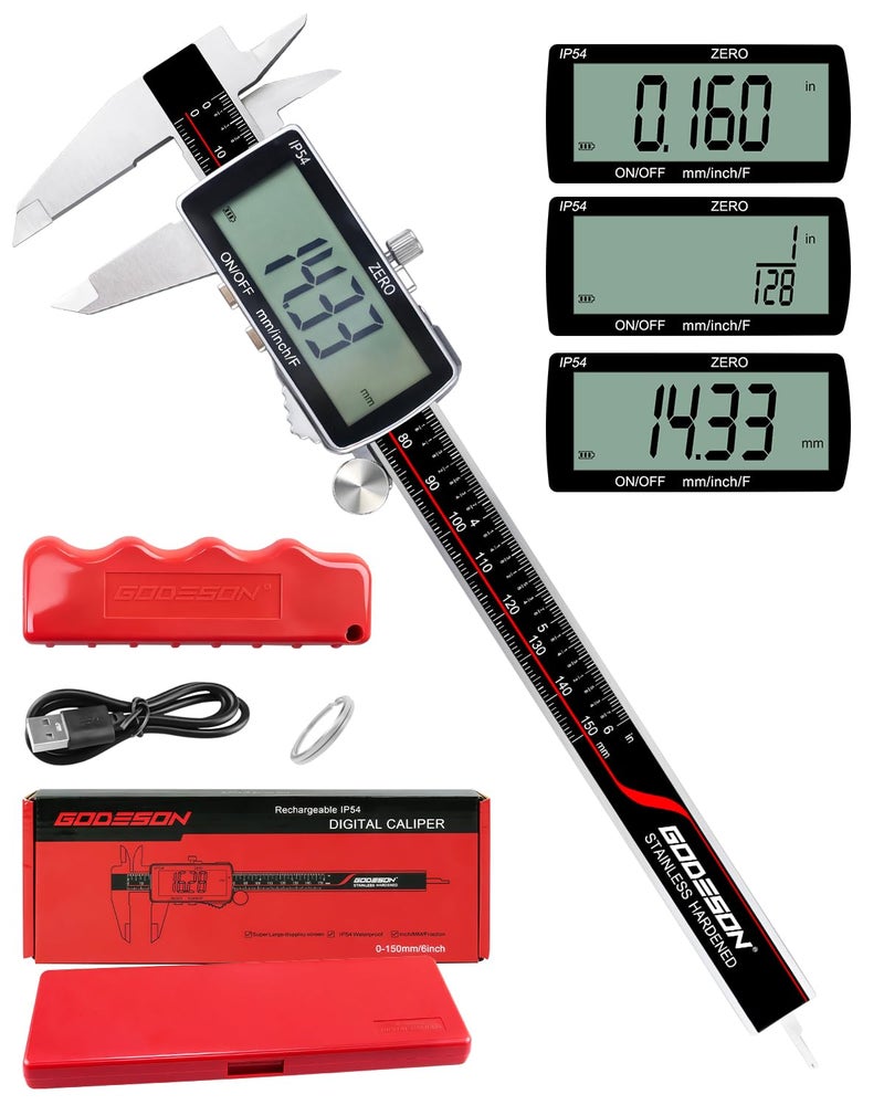 GODESON Digital Caliper, 6 Inch Rechargeable & Power Indicator Caliper Measuring Tool - 0.01mm Accuracy, Large LCD Vernier Calipers - IP54 & Stainless Steel, MM/Inch/F for Metal & Wood Working, 3D Printing - Image 1